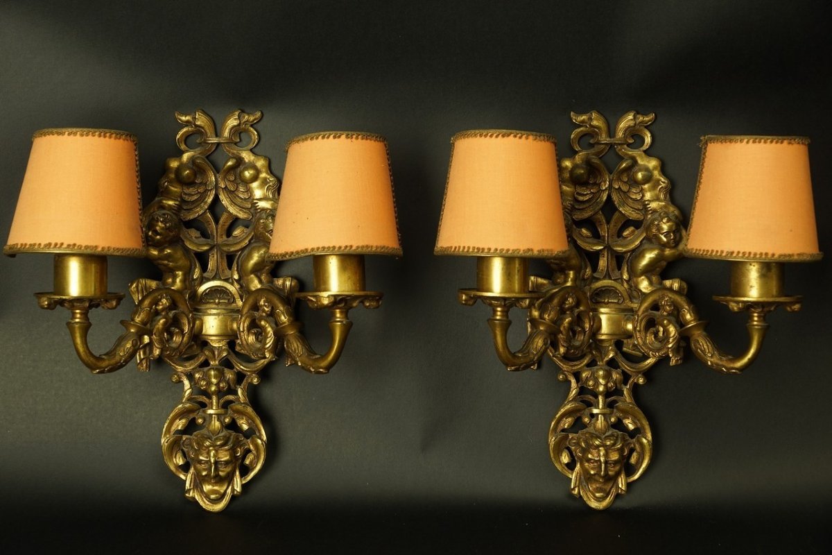 Pair Of Wall Sconces Decorated With Putti, Bronze, Second Half Of The 19th Century.