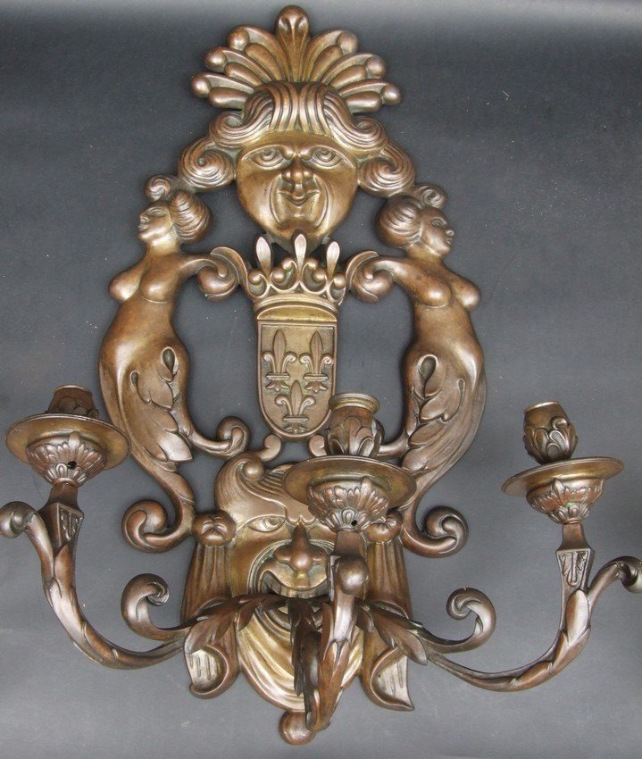 Paire d'appliques ornées de masques, bronze, XIXe siècle.-photo-3