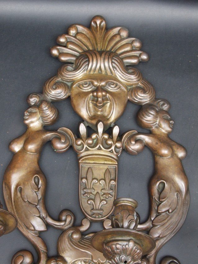 Paire d'appliques ornées de masques, bronze, XIXe siècle.-photo-4