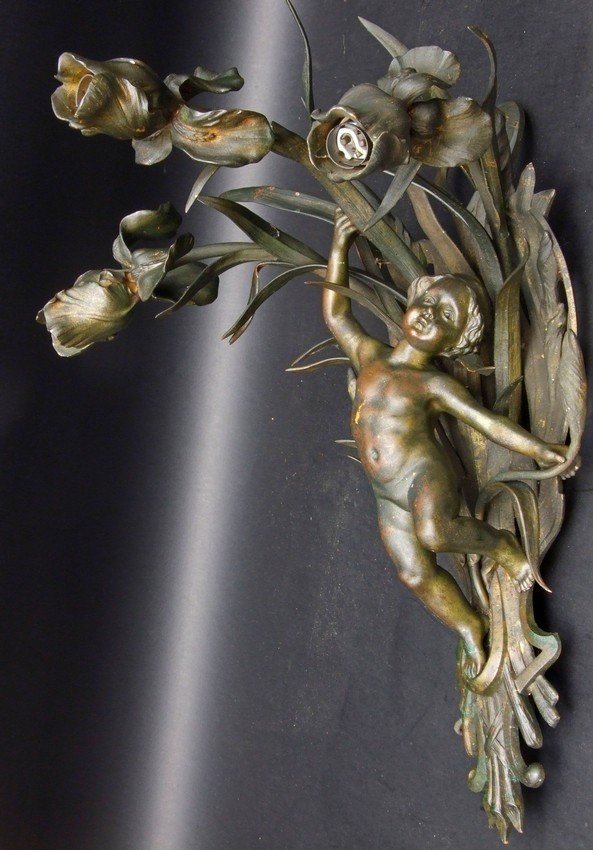 Pair Of Wall Sconces Decorated With Putti, Art Nouveau, Bronze, Circa 1900.-photo-2