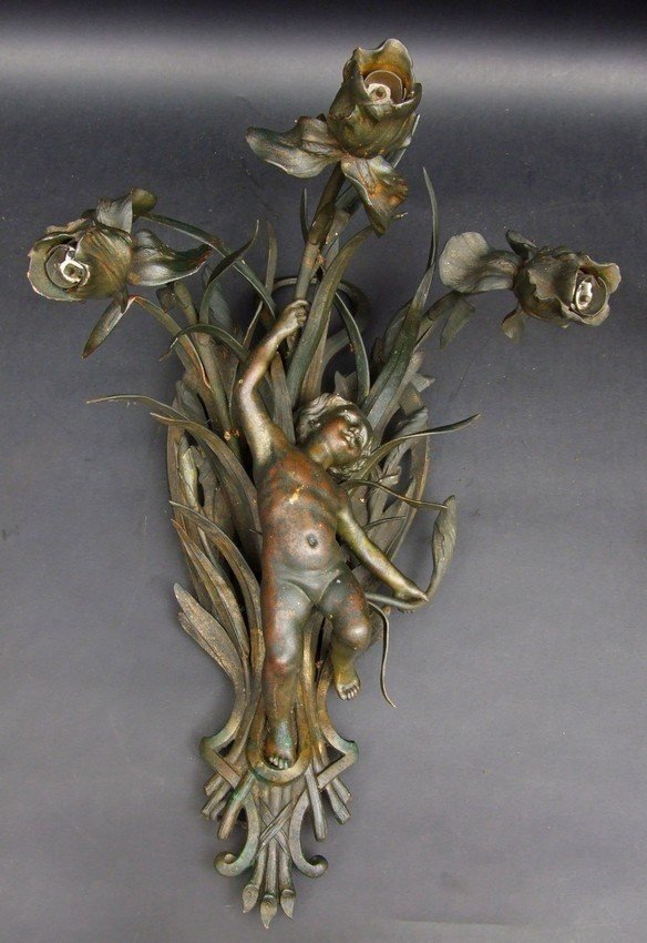 Pair Of Wall Sconces Decorated With Putti, Art Nouveau, Bronze, Circa 1900.-photo-3