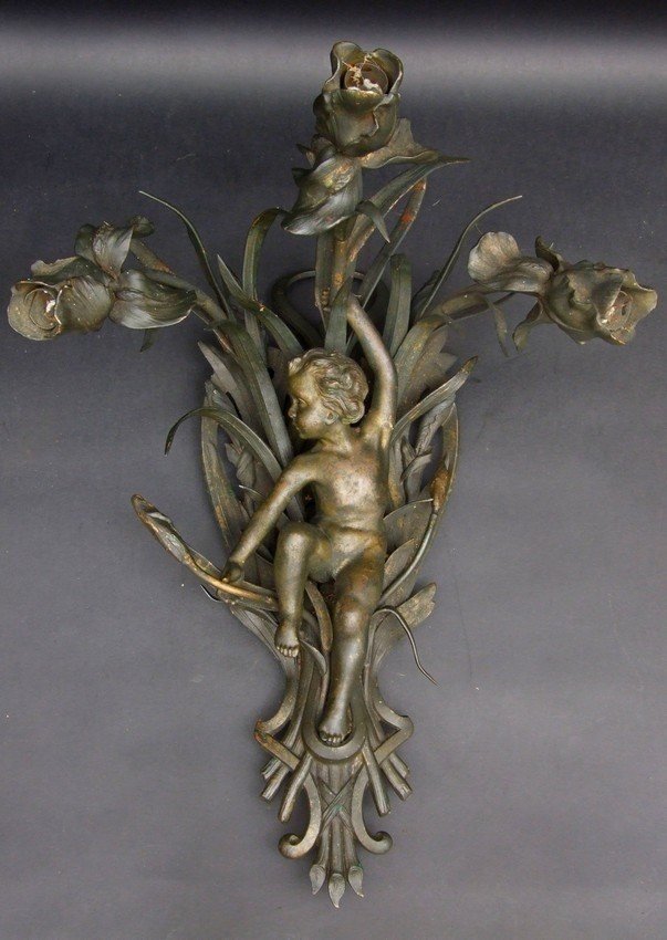 Pair Of Wall Sconces Decorated With Putti, Art Nouveau, Bronze, Circa 1900.-photo-4