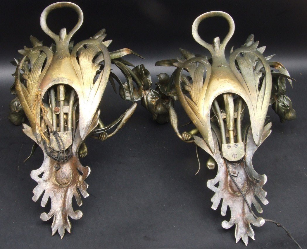 Pair Of Wall Sconces Decorated With Putti, Art Nouveau, Bronze, Circa 1900.-photo-2