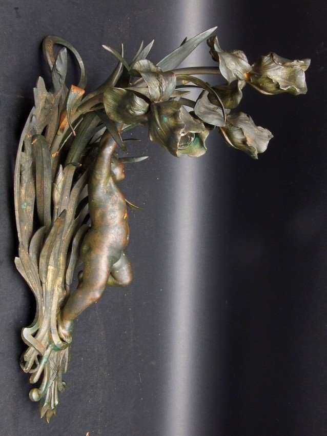 Pair Of Wall Sconces Decorated With Putti, Art Nouveau, Bronze, Circa 1900.-photo-4