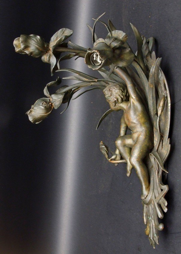Pair Of Wall Sconces Decorated With Putti, Art Nouveau, Bronze, Circa 1900.-photo-7