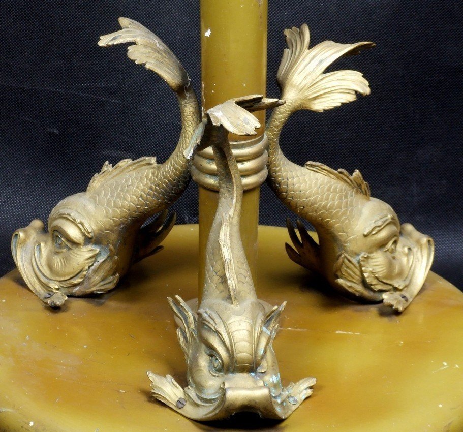 Lampe sur pied avec des dauphins, style Art déco, en bois, années 1920-1930. XXe siècle.-photo-3