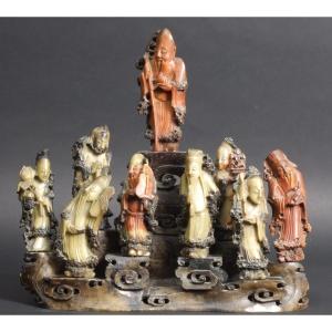 Immortels, stéatite, Chine, XIXe/XXe siècle.