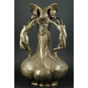 Vase With Nymphs, J-m. Petizon, Pewter, Paris, Art Nouveau, Circa 1900.