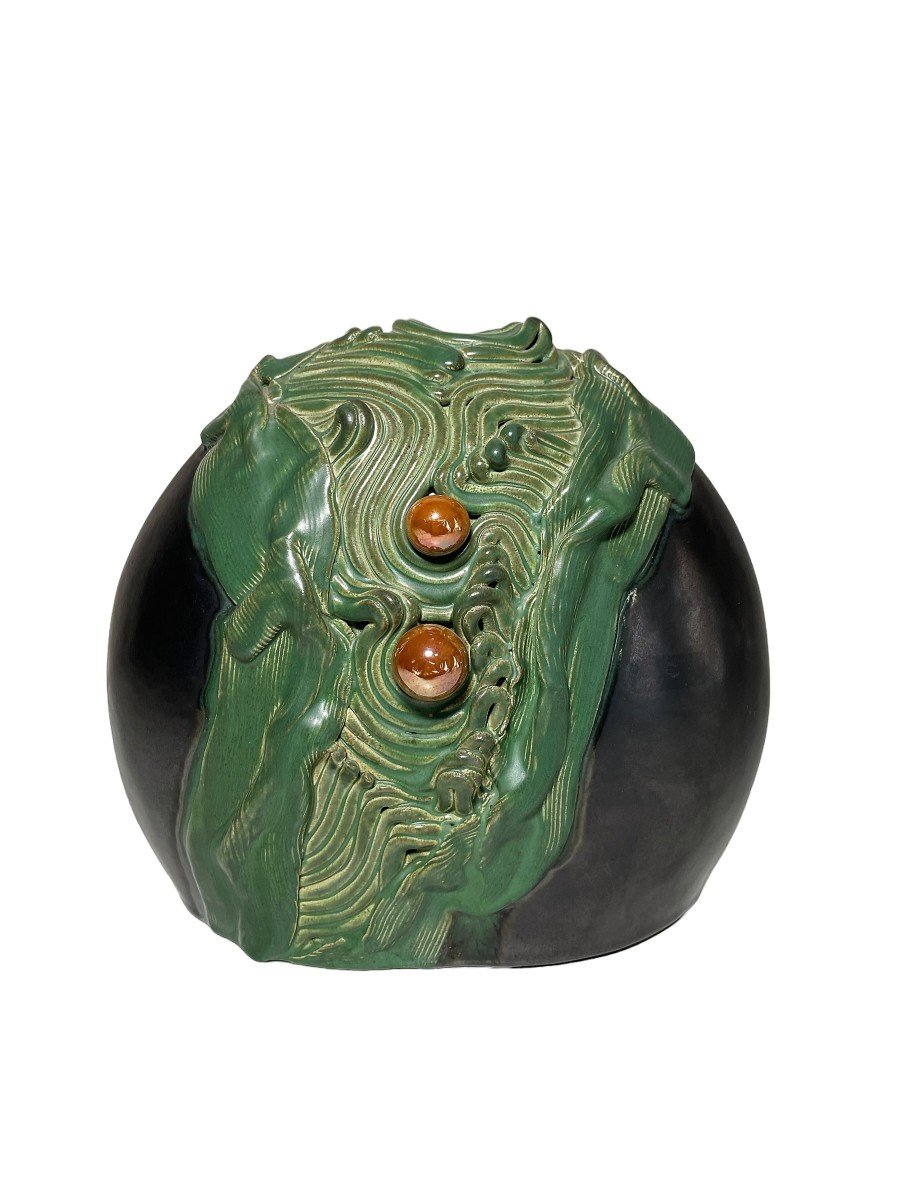 George Deliège Glazed Ceramic Vase - Belgian Design Turquoise And Black Ceramic Art 20th C.-photo-2