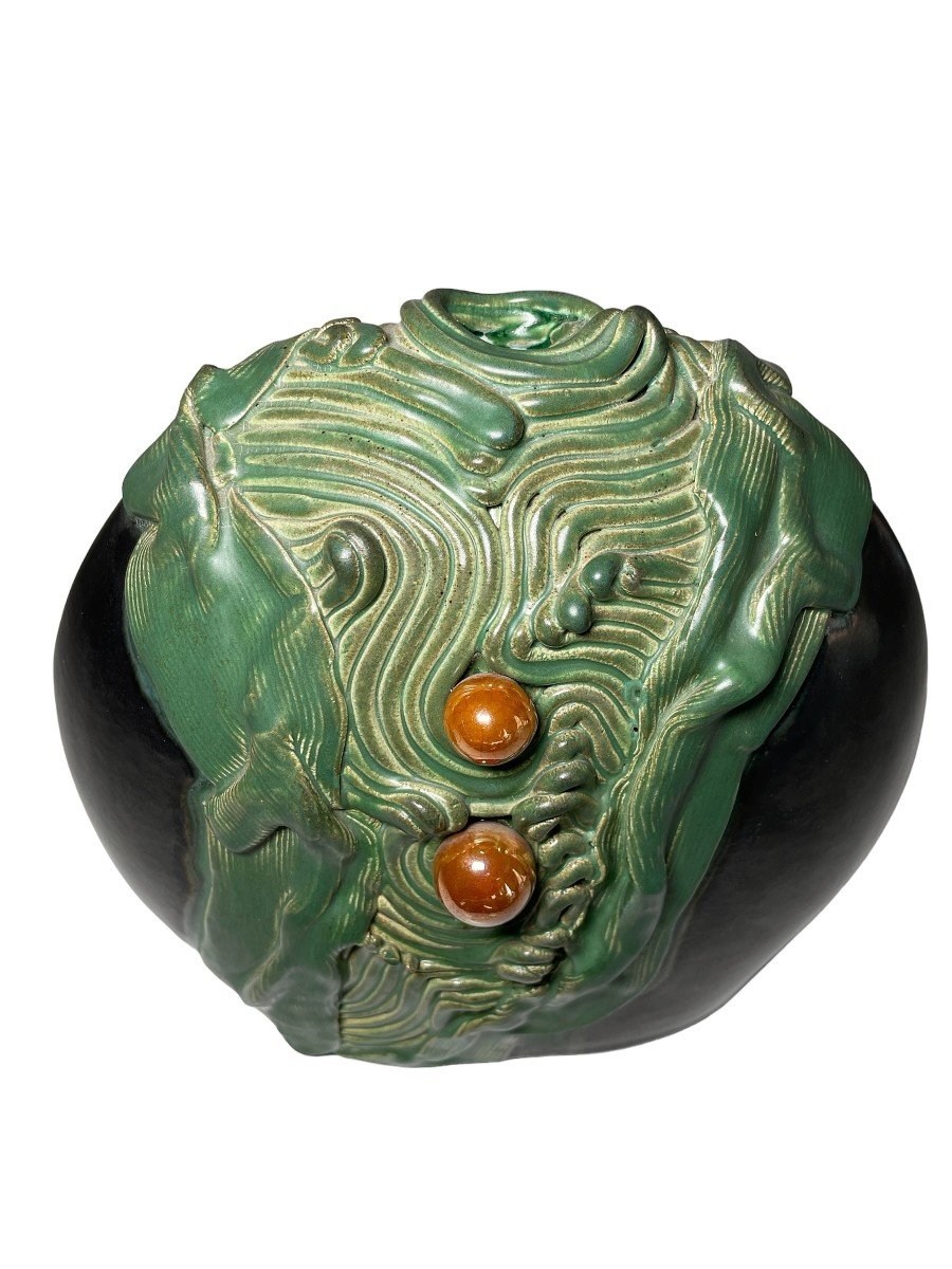 George Deliège Glazed Ceramic Vase - Belgian Design Turquoise And Black Ceramic Art 20th C.-photo-4