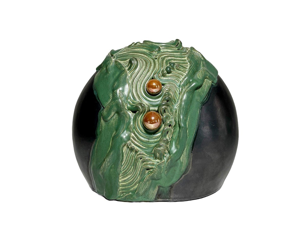 George Deliège Glazed Ceramic Vase - Belgian Design Turquoise And Black Ceramic Art 20th C.