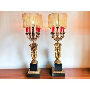 Les Trois Grâces Table Lamps - 1970's Pair of Deknudt Belgique Lampe Candélabre En Laiton Doré