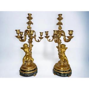 Antique Pair Of Putti Candelabra Gilt Bronze & Marble - 19th C. French Cherub Candlesticks Set