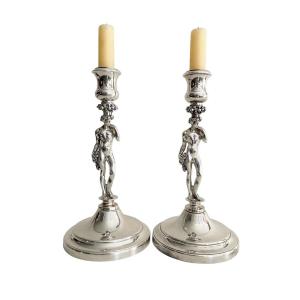 Pair Of Christofle Bacchus Candlesticks - Vintage French Silver Plated Male Nude Candle Holders
