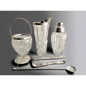 Vintage German Crystal & Alpacca Cocktail Set - Mid Century Ice Bucket Tong Shaker Mixing Glass