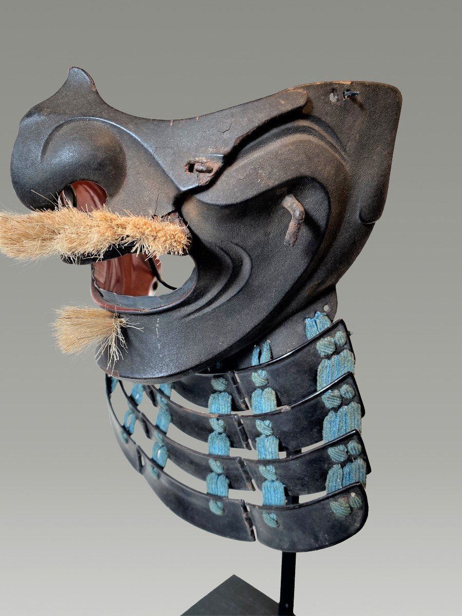 Half Samurai Mask Mempo Iron Dark Lacquer Imitation Rust-photo-2