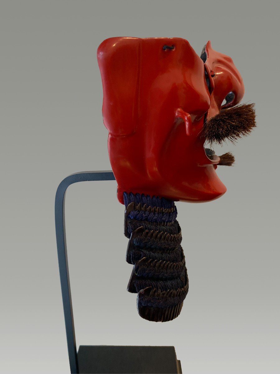 Red Color Reisei Type Samurai Mempo With Mustache Edo Period-photo-5