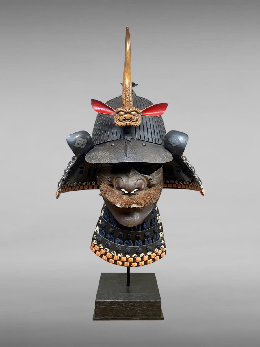 Samurai Kabuto Set With 62 Slats And Its Lacquered Iron Mempo - Edo Period (1603-1868).-photo-5