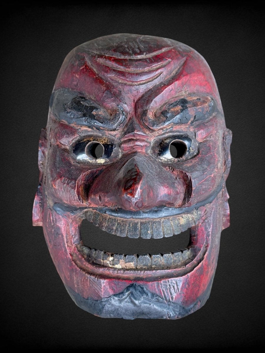 Kagura Mask, Demon Type, Carved Monoxide Wood - Edo Period (1603 - 1868).-photo-3