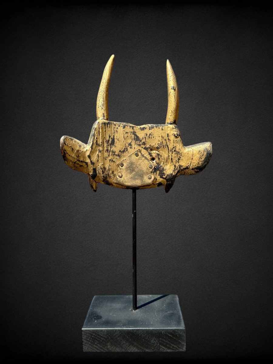 Carved Wooden Maetate Depicting An Oni Head - Edo Period (1603 - 1868).-photo-3