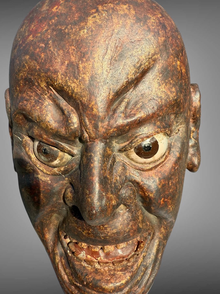 masque japonais ancien,  de théâtre Noh fin Edo c'est un Kijin  un démon colérique-photo-3