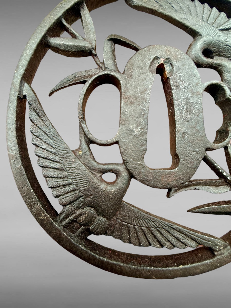 Tsuba maru gata en fer à décor de grues - Époque Edo - D. 8,4 cm. -photo-4