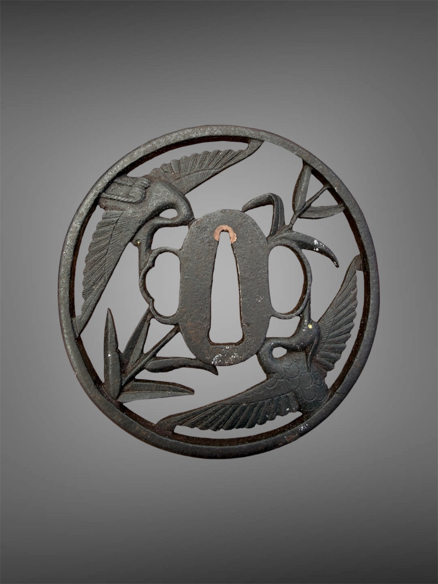 Tsuba maru gata en fer à décor de grues - Époque Edo - D. 8,4 cm. -photo-2