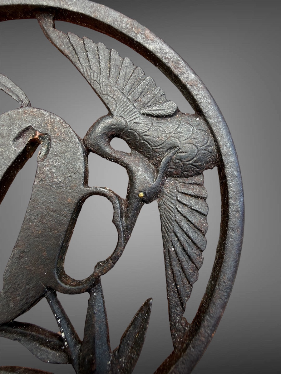 Tsuba maru gata en fer à décor de grues - Époque Edo - D. 8,4 cm. -photo-3