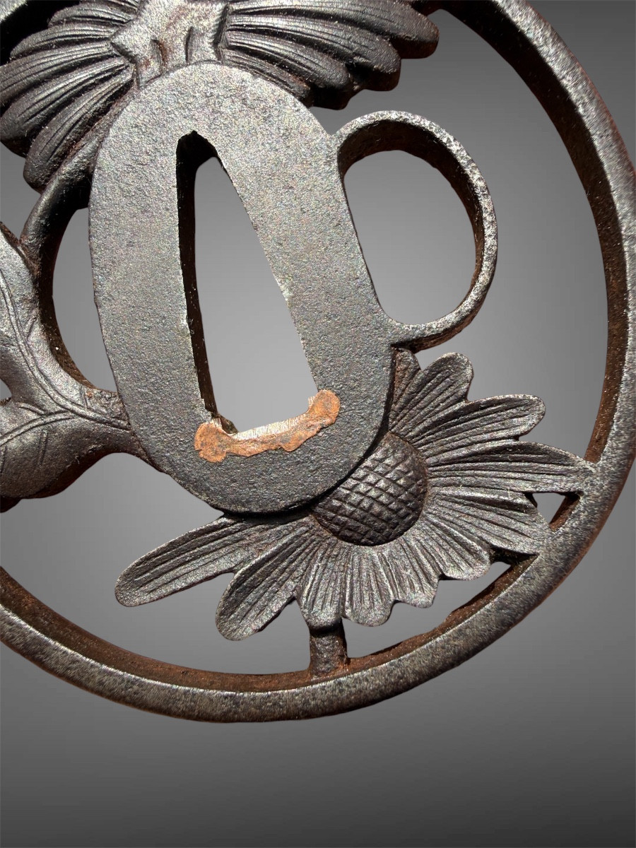 Tsuba Marugata In Iron Decorated With Crisanthemums, Signed Tomotsugu - Edo Period - D. 7.5 Cm. -photo-4