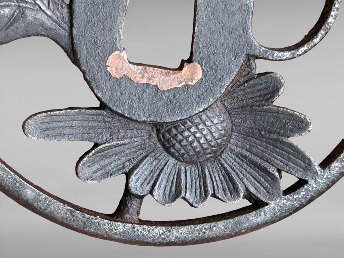 Tsuba Marugata In Iron Decorated With Crisanthemums, Signed Tomotsugu - Edo Period - D. 7.5 Cm. -photo-2