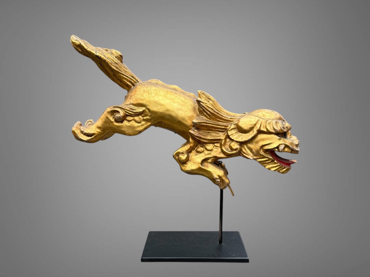 Maetate En Bois Sculpté et laqué figurant un Shishi - Période Edo (1603 - 1868).-photo-3