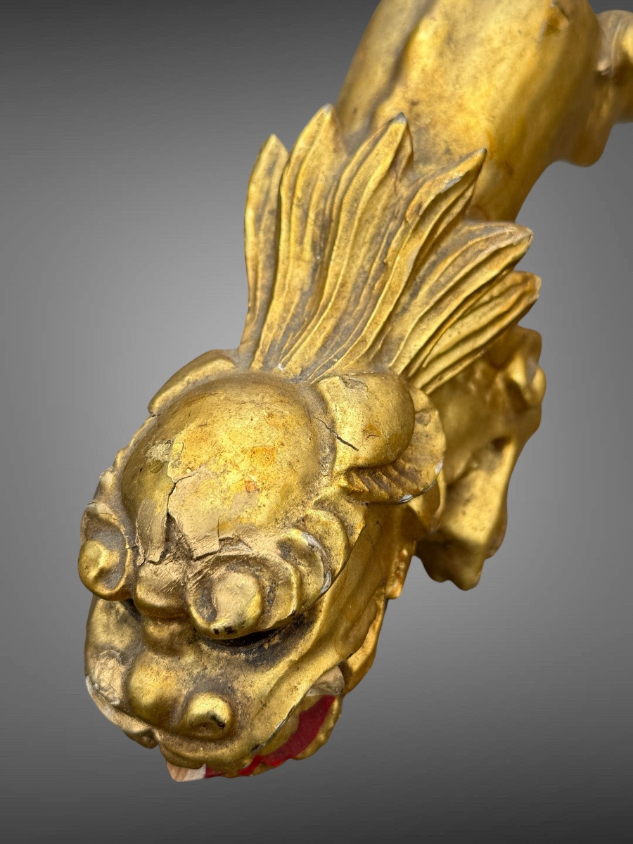 Maetate En Bois Sculpté et laqué figurant un Shishi - Période Edo (1603 - 1868).-photo-4