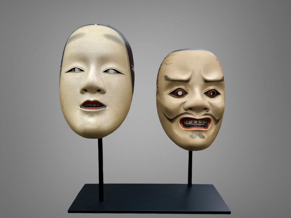 Meeting Of Two Noh Theatre Masks - Meiji Period (1868-1912). 