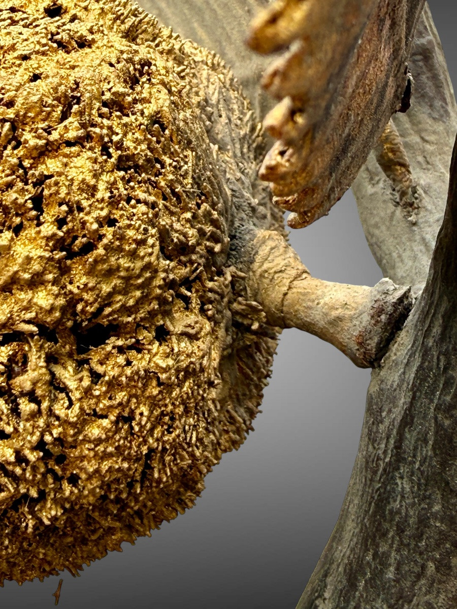 Maedate en bois sculpté et laqué figurant une branche de châtaignier avec sa bogue - Edo.-photo-7