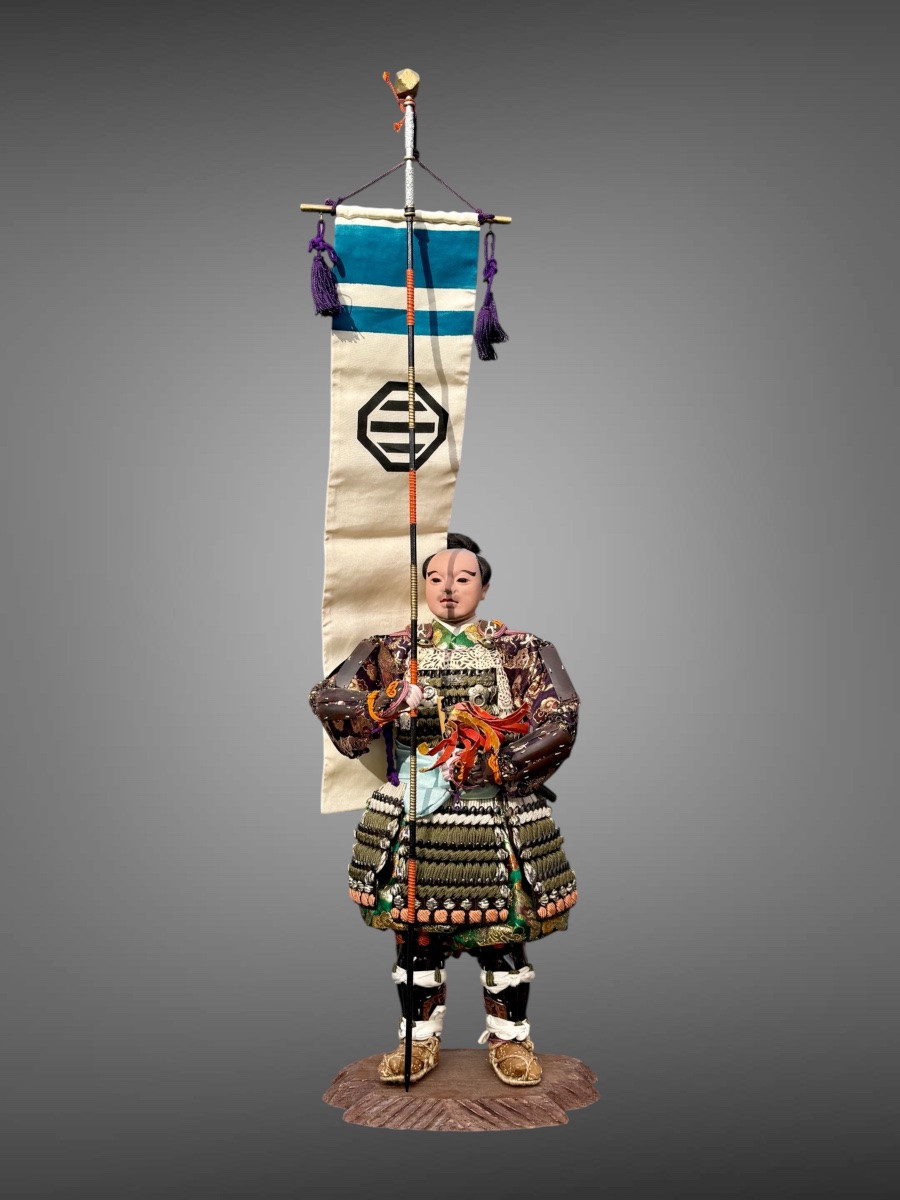 Poupée Musha Ningyô Figurant un écuyer porte sashimono du clan Inaba - Période Showa: 1926-1989-photo-2