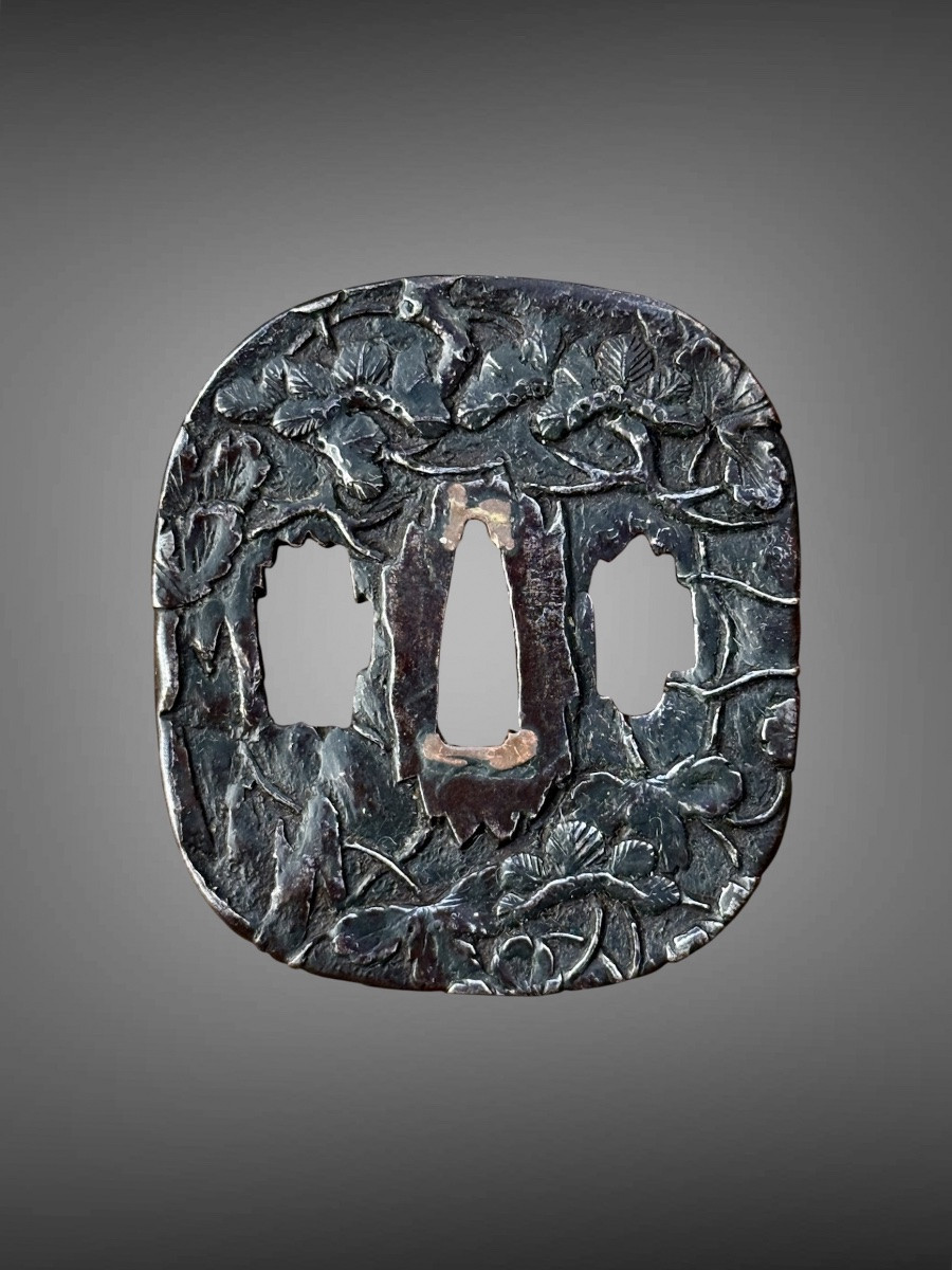 Iron Tsuba Kaku-maru-gata Decorated With Pine Branches, Edo Period (1603-1868).-photo-2