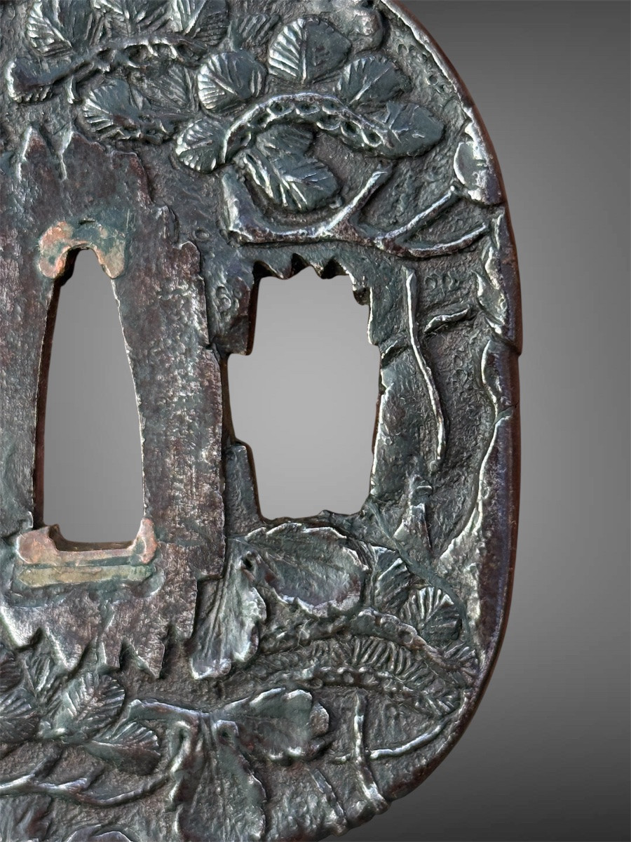 Iron Tsuba Kaku-maru-gata Decorated With Pine Branches, Edo Period (1603-1868).-photo-3