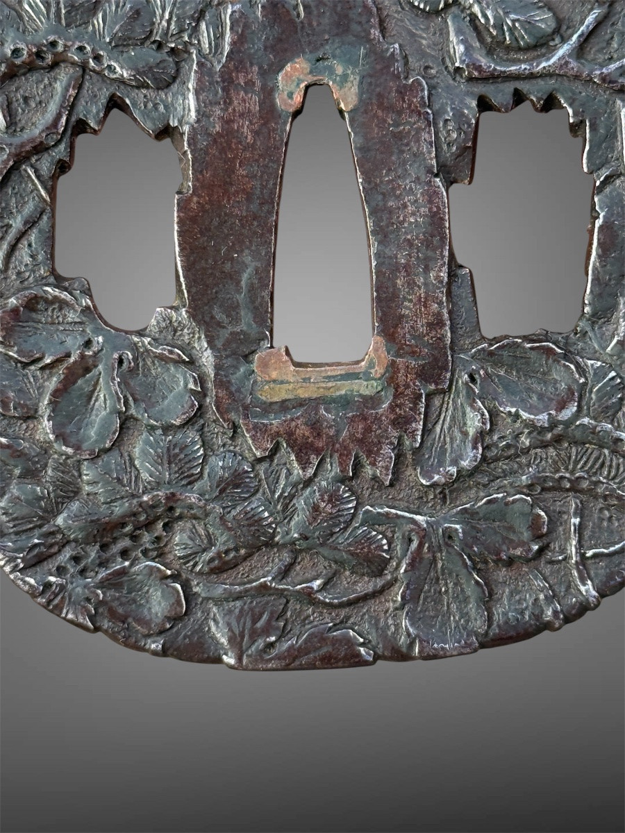 Iron Tsuba Kaku-maru-gata Decorated With Pine Branches, Edo Period (1603-1868).-photo-4