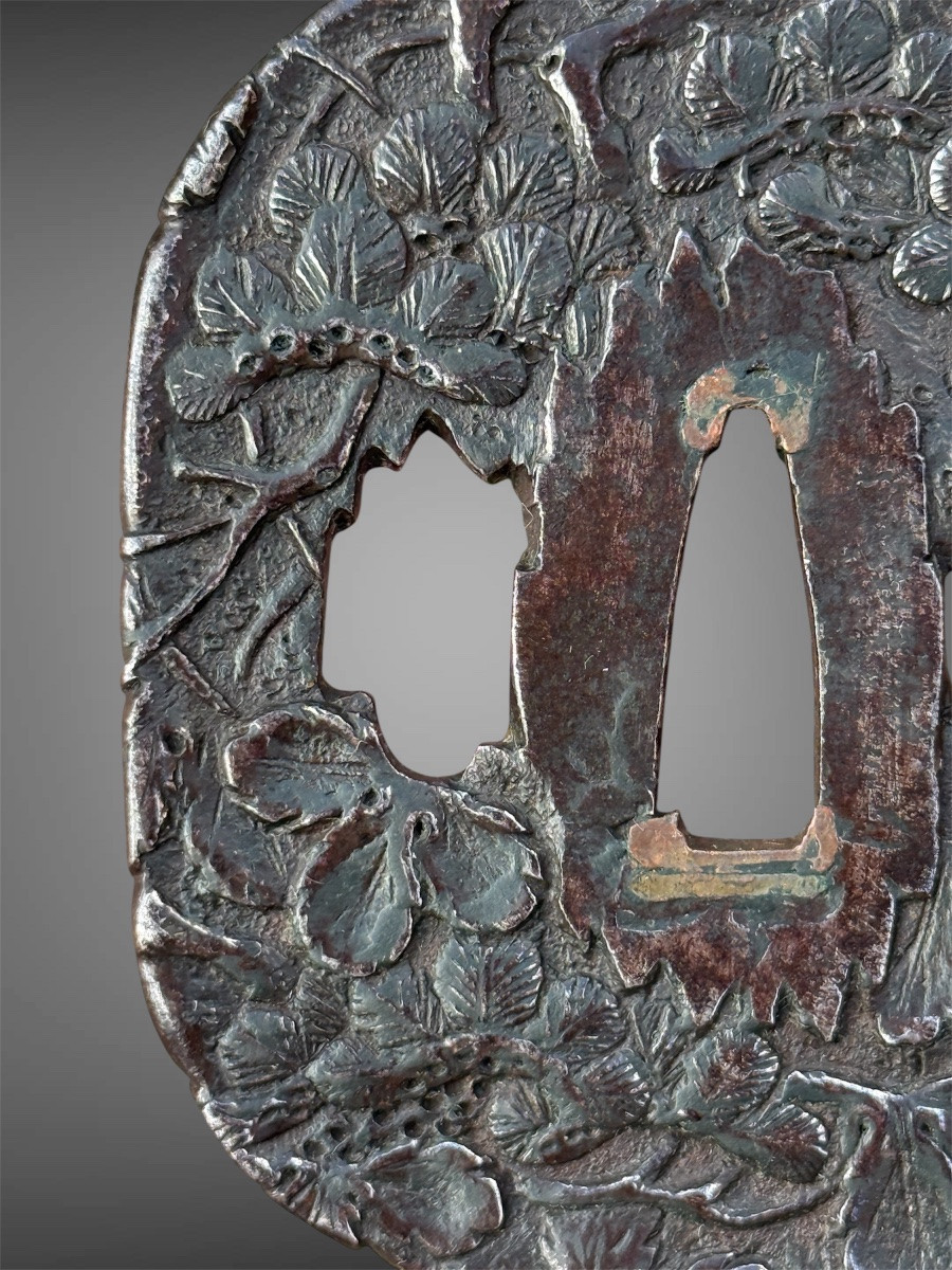 Iron Tsuba Kaku-maru-gata Decorated With Pine Branches, Edo Period (1603-1868).-photo-1