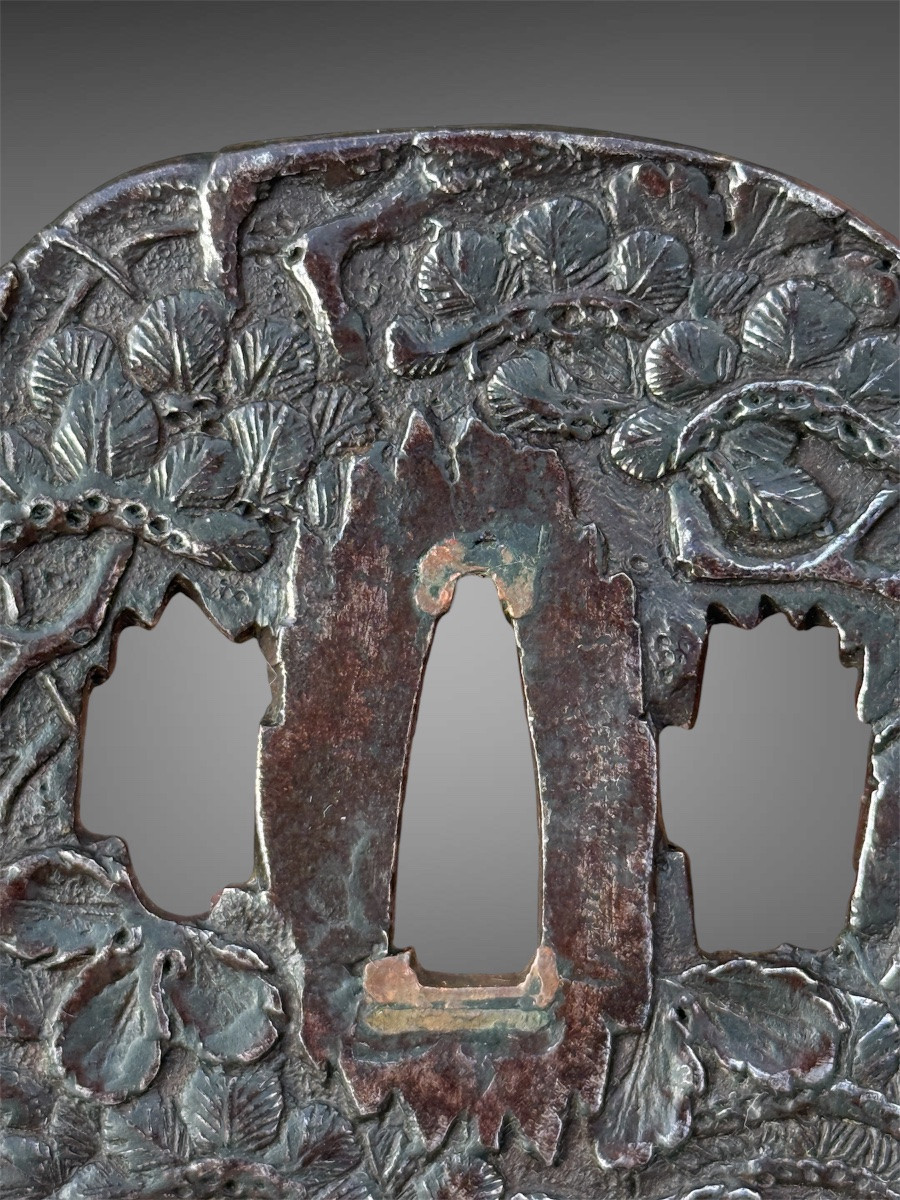 Iron Tsuba Kaku-maru-gata Decorated With Pine Branches, Edo Period (1603-1868).-photo-2