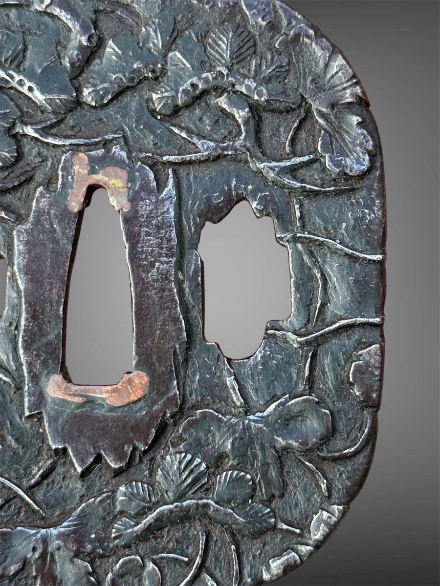 Iron Tsuba Kaku-maru-gata Decorated With Pine Branches, Edo Period (1603-1868).-photo-3