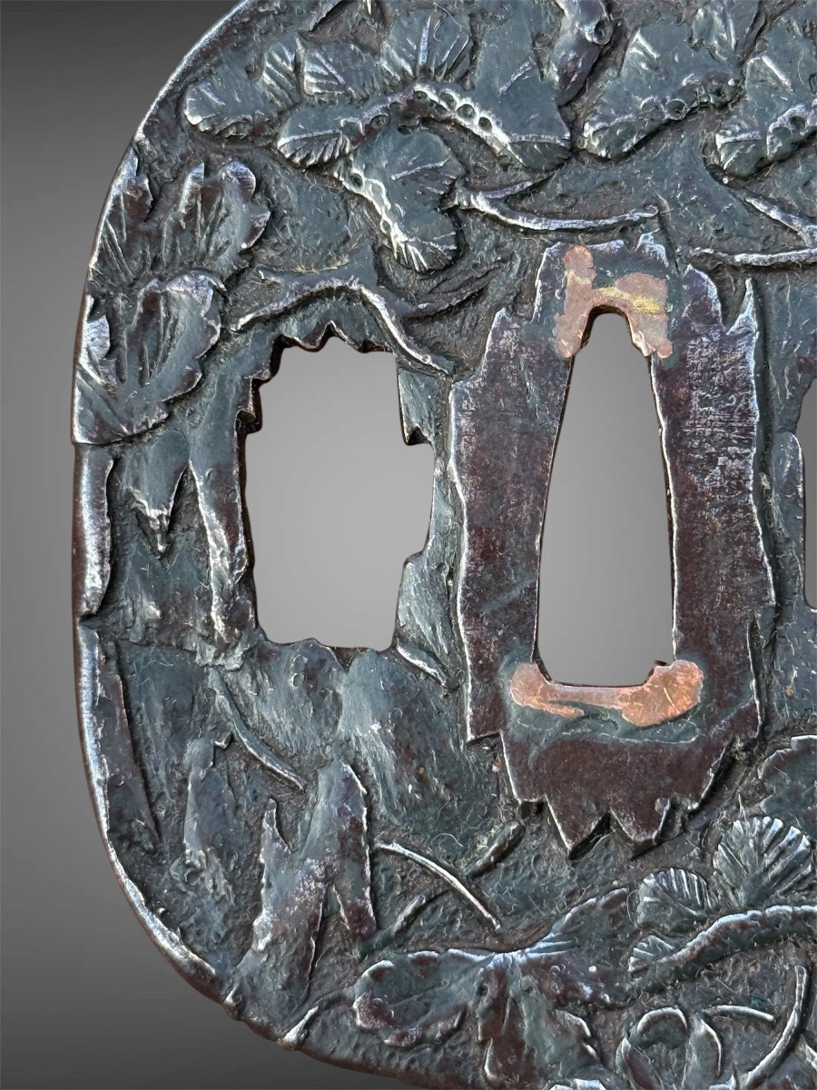 Iron Tsuba Kaku-maru-gata Decorated With Pine Branches, Edo Period (1603-1868).-photo-4