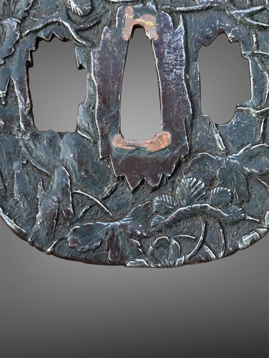 Iron Tsuba Kaku-maru-gata Decorated With Pine Branches, Edo Period (1603-1868).-photo-5
