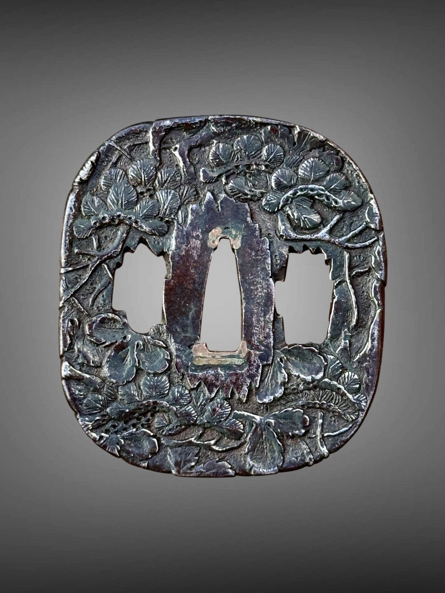 Iron Tsuba Kaku-maru-gata Decorated With Pine Branches, Edo Period (1603-1868).