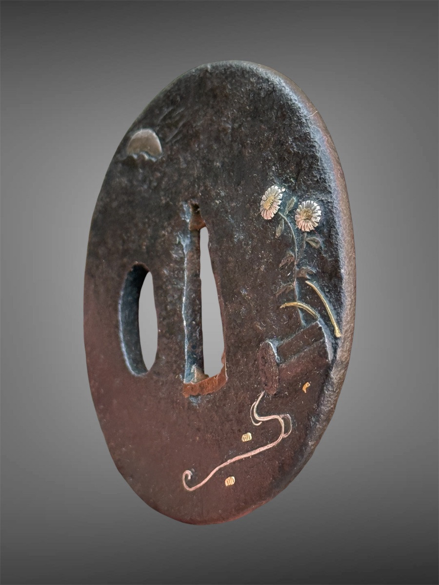 Iron Tsuba Nara-maru-gata Depicting A Tile Under The Moon - Edo Period (1603-1868).-photo-5