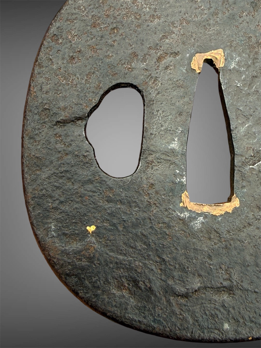 Tsuba naga-maru-gata en fer forgé et incrusté à décor d’un paysage - Période Edo (1603-1868).-photo-4