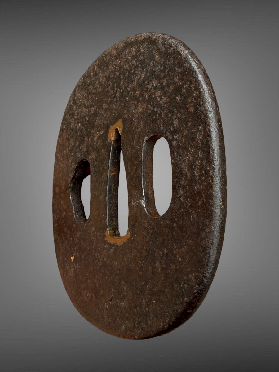 Tsuba naga-maru-gata en fer forgé et incrusté à décor d’un paysage - Période Edo (1603-1868).-photo-6