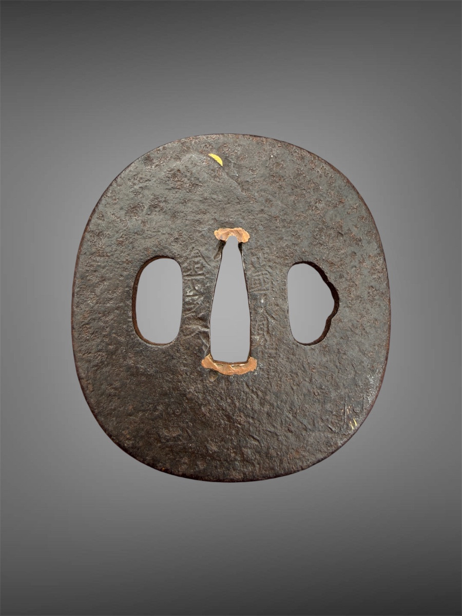 Tsuba naga-maru-gata en fer forgé et incrusté à décor d’un paysage - Période Edo (1603-1868).