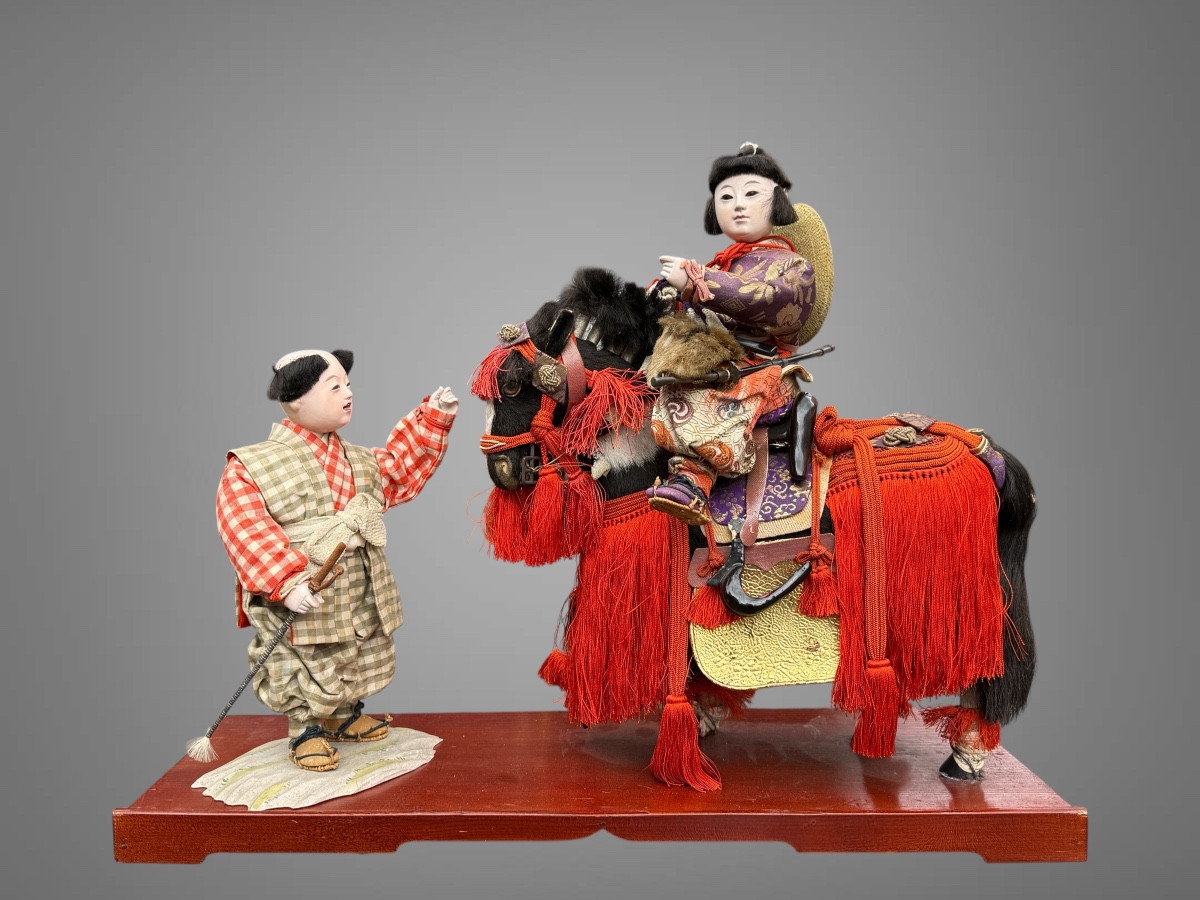 Musha Ningyô Doll Featuring A Samurai On Horseback And His Squire - Showa Period (1926-1989).