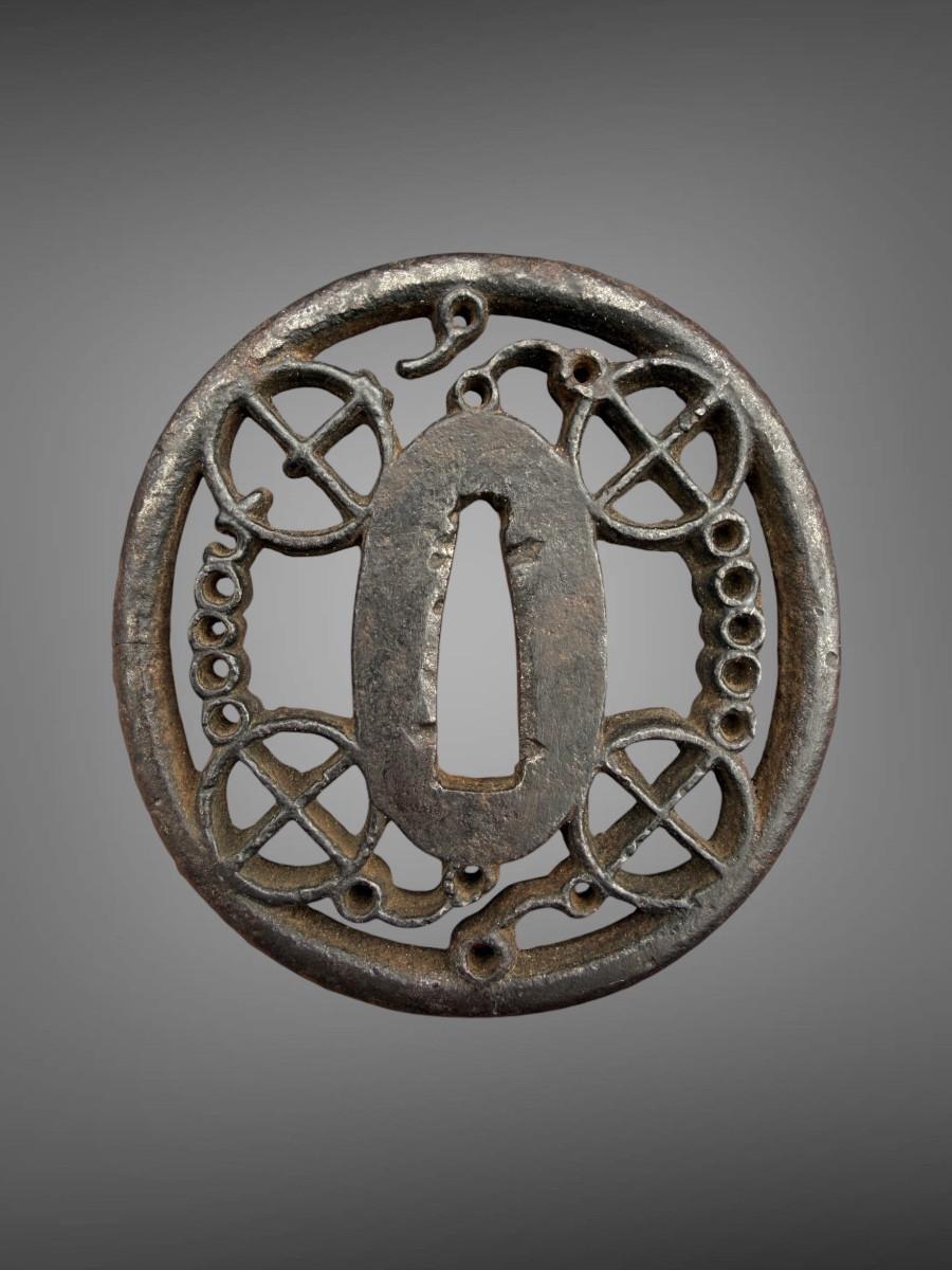 Openwork Wrought-iron Tsuba Maru-gata With Horse Bits - Edo Period (1603-1868).